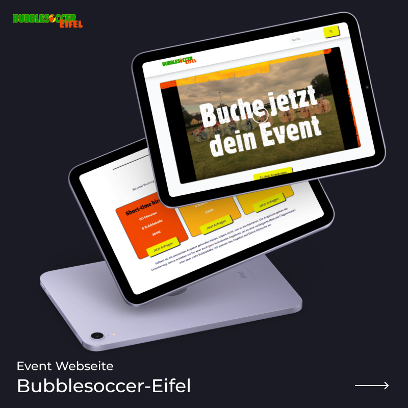Ein Webdesign Beispiel, zeigt Bubblesoccer Eifel
